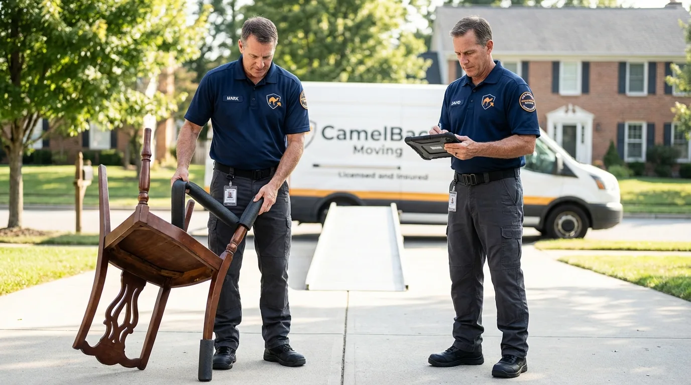 Movers inspecting furniture for damage prevention before loading in Kingston, NJ